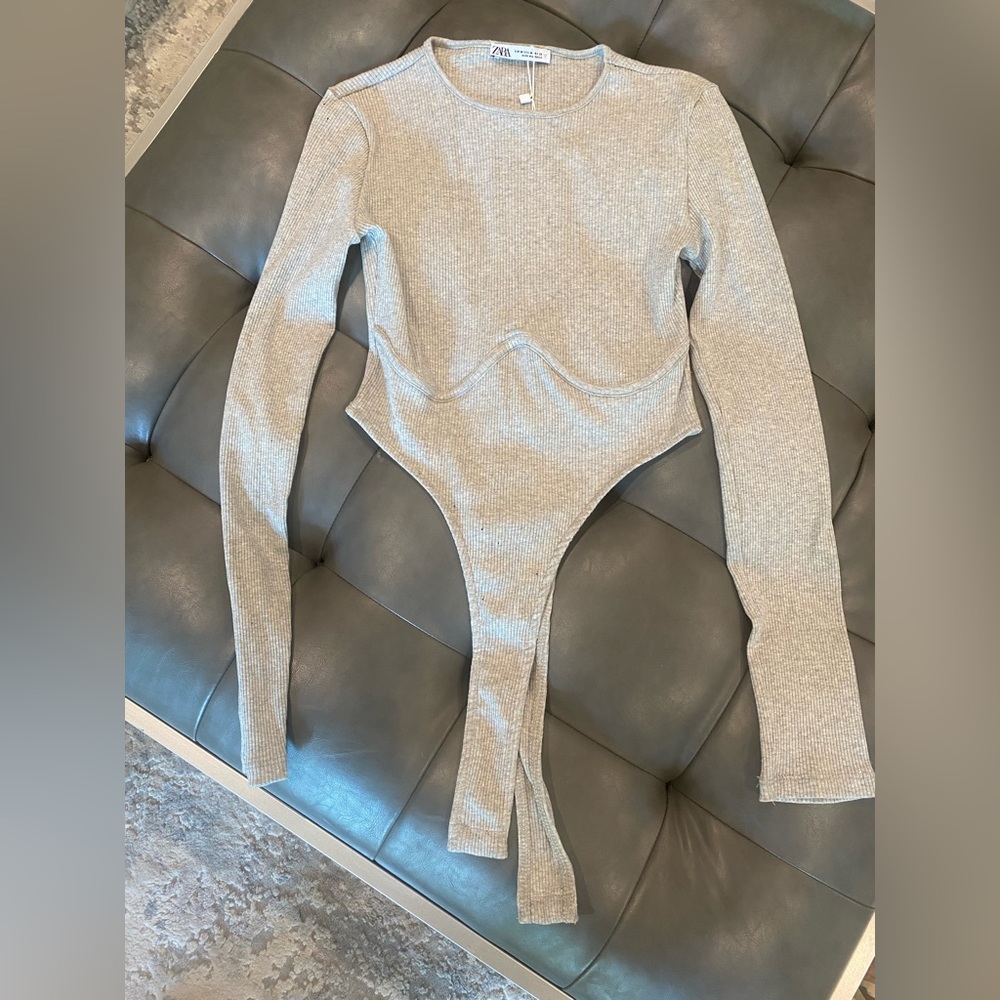 Zara NWT Ribbed High Cut Gray Bodysuit